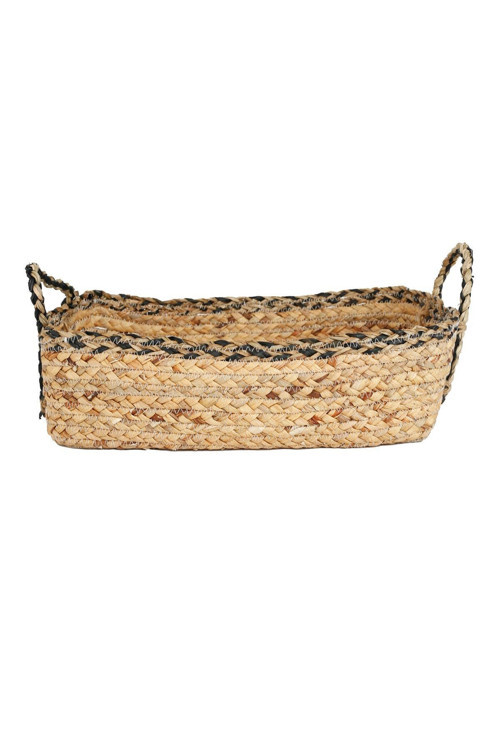 KANCAEV Sepet, Hasır, Dİkdörtgen Siyah Şeritli, Saplı, Ekru, 18x32cm, Küçük, Şık ve Kullanışlı