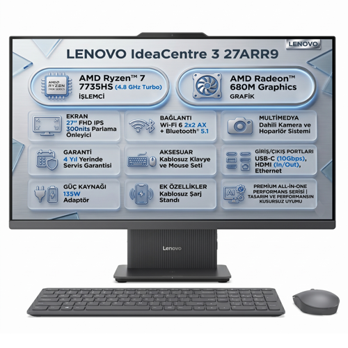 IdeaCentre 3 27ARR9 Amd Ryzen 7 7735HS 16GB 1TB SSD 27" FHD W11P All In One PC F0HQ00ACTR 008