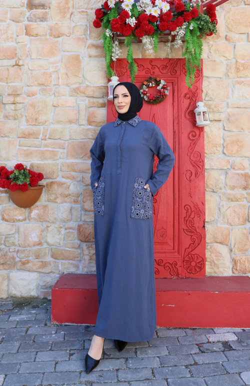 Nakışlı Pamuk Keten Elbise