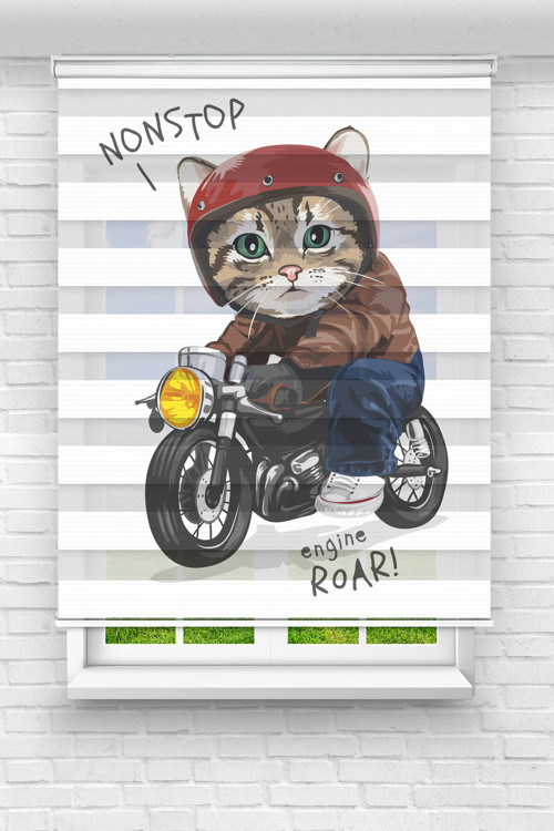 Motorcu Kedi Dijital Baskılı Zebra Perde-Cocuk Odası-Stor Perde