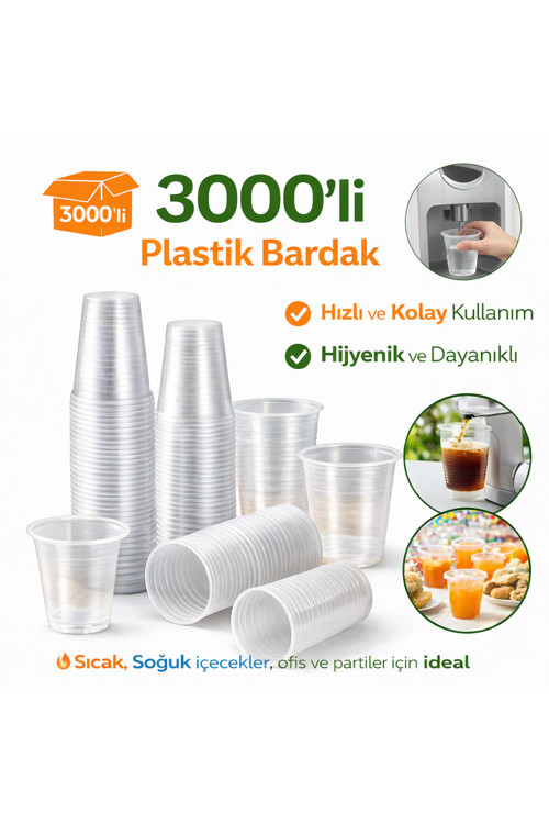 Plastik Bardak 3000 Adet – Tek Kullanımlık Şeffaf Su ve Meşrubat Bardağı 180 ml