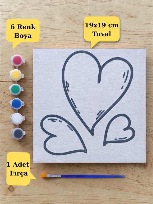 Sevimli Kalp Baskılı Tuval Boyama Aktivite Seti 19x19 Cm (Tuval, Fırça ve 6 Renk Akrilik Boya Seti)