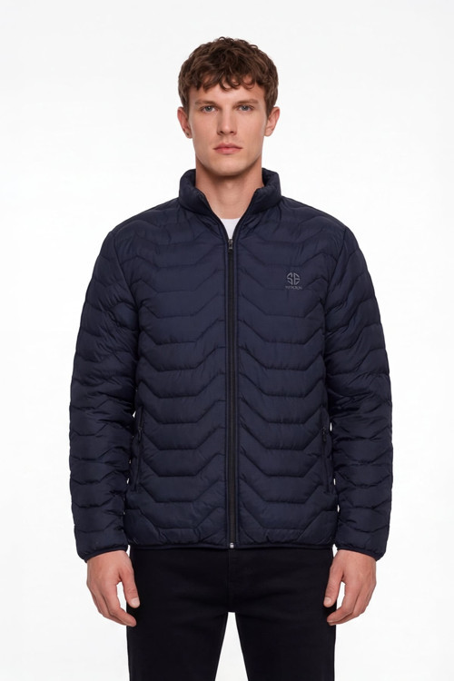 Erkek Lacivert Dar Kesim Slim Fit Dik Yaka Fermuarlı Mont