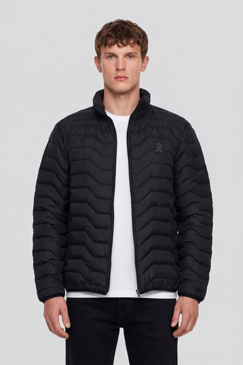 Erkek Siyah Dar Kesim Slim Fit Dik Yaka Fermuarlı Mont