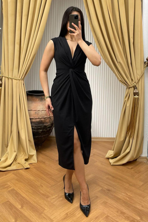Siyah Yırtmaç Detaylı Kruvaze Yaka Kadın Elbise Mg2417