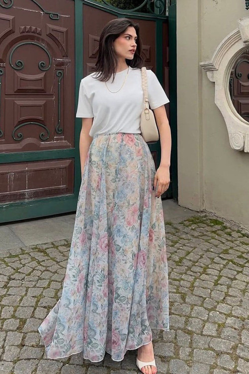 Ekru Çiçek Desenli Vintage Şifon Maxi Etek MG2776