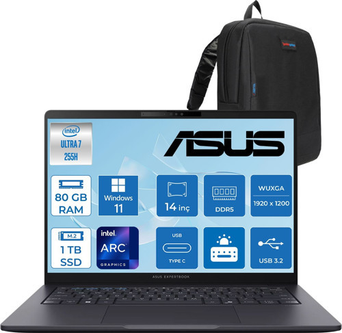 Expertbook B3 (B3405CCA) Intel® Core™ Ultra 7 255H 80GB Ddr5 1tb SSD Intel® Arc™ Grafik 14"wuxga (1920 x 1200)400 Nit,srgb: %100 WIN11HOME Taşınabilir Bilgisayar U7255H321TB1DH28+ZETTAÇANTA