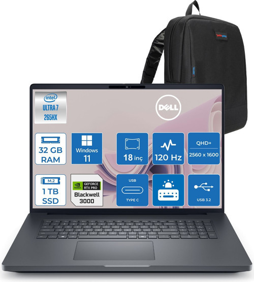 Pro Max 18 Plus Intel Core Ultra 7 265HX 32GB Ddr5 1tb SSD Rtx Pro 3000 Blackwell 12GB Windows 11 Pro 18" 120HZ Qhd+ 2560 x 1600 Wva 500NITS Mobil Iş Istasyonu MB18250263P01 + Zetta Çanta