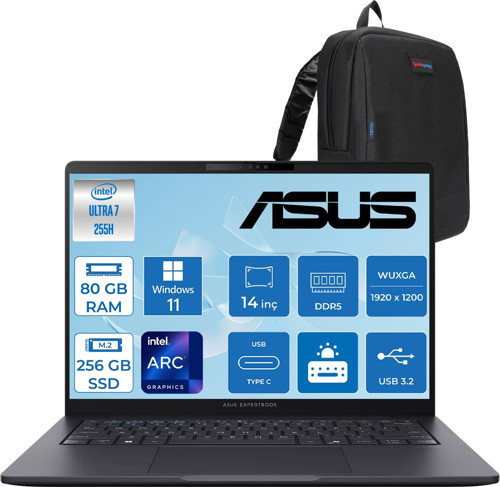 Expertbook B3 (B3405CCA) Intel® Core™ Ultra 7 255H 80GB Ddr5 256GB SSD Intel® Arc™ Grafik 14"wuxga (1920 x 1200)400 Nit,srgb: %100 WIN11HOME Taşınabilir Bilgisayar U7255H321TB1DH26+ZETTAÇANTA