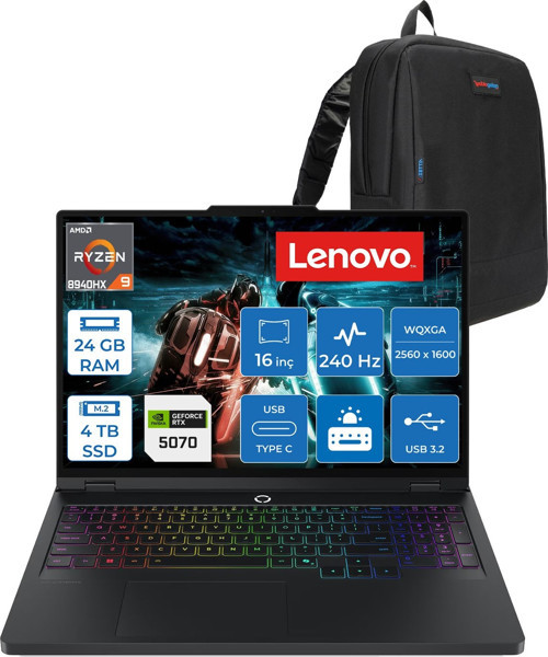 Legion Pro 5 Amd Ryzen 9 8940HX 24GB 4tb SSD 8GB/RTX5070/115W 16" Wqxga (2560X1600) IPS 500NITS 240Hz Windows 11 Home Gaming Bilgisayar L83LT003STRH08 + Zettaçanta