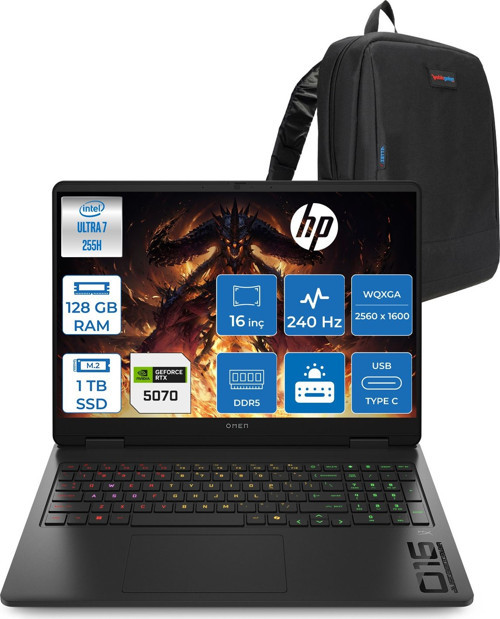 Omen Slim 16-AN0025NT Intel Core Ultra 7 255H 128GB Ddr5 1tb SSD RTX5070 8gb 115W Freedos 16" Wqxga (2560 x 1600) 240 Hz 3ms IPS 500 Nits Oyuncu Bilgisayarı OCJ8V8EAF50 + Zetta Çanta