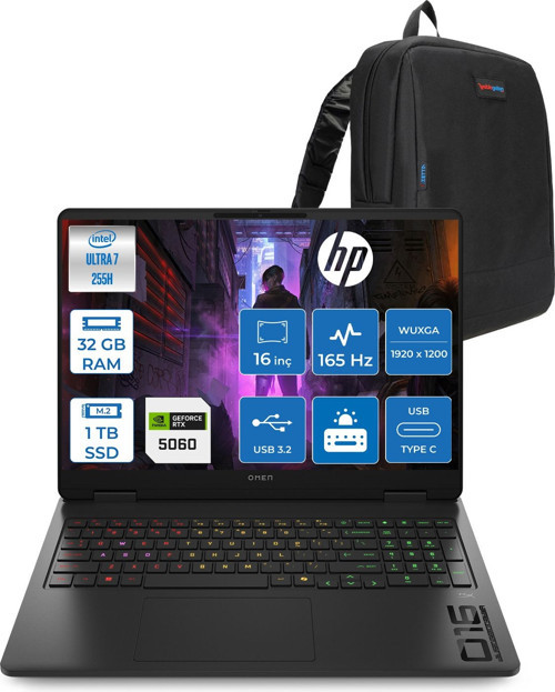 Omen Slim Gaming Intel Ultra7 255H Aı 32GB Ddr5 1tb SSD Rtx™ 5060/8GB 16"2k (1920 x 1200)165 Hz, 3 Ms 400 Nits, 100% Srgb Freedos Taşınabilir Bilgisayar CK9L3EAF13+ZETTAÇANTA
