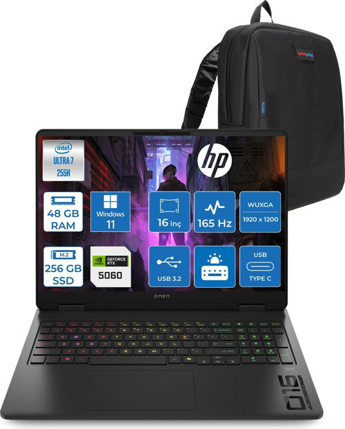 Omen Slim Gaming Intel Ultra7 255H Aı 48GB Ddr5 256GB SSD Rtx™ 5060/8GB 16"2k (1920 x 1200)165 Hz, 3 Ms 400 Nits, 100% Srgb WIN11HOME Taşınabilir Bilgisayar CK9L3EAH16+ZETTAÇANTA