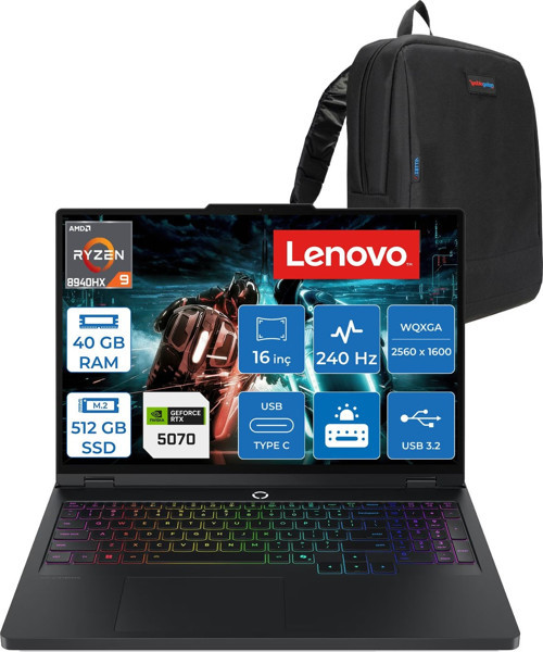 Legion Pro 5 Amd Ryzen 9 8940HX 40GB 512GB SSD 8GB/RTX5070/115W 16" Wqxga (2560X1600) IPS 500NITS 240Hz Freedos Gaming Bilgisayar L83LT003STRF13 + Zettaçanta