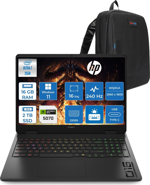 Omen Slim 16-AN0025NT Intel Core Ultra 7 255H 16GB Ddr5 2tb SSD RTX5070 8gb 115W Windows 11 Pro 16" Wqxga (2560 x 1600) 240 Hz 3ms IPS 500 Nits Oyuncu Bilgisayarı OCJ8V8EAP03 + Zetta Çanta