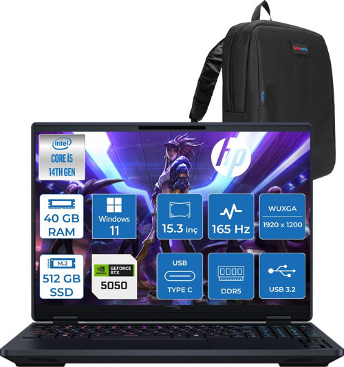 Hyperx Omen 15 Intel Core I5 14500HX 40GB Ddr5 512GB SSD Geforce RTX5050 8gb Windows 11 Pro 15.3" Wuxga (1920X1200) IPS 300NITS 165Hz Oyuncu Bilgisayarı HOD2QD2EAP19 + Zetta Çanta