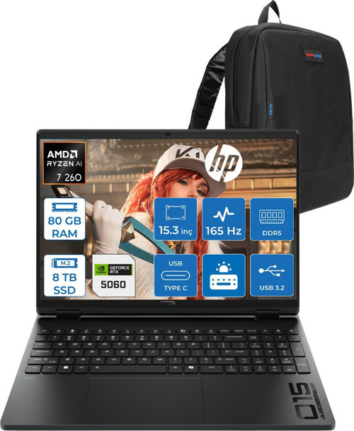 Hyperx Omen 15-GB0004NT Amd Ryzen 7 260 80GB Ddr5 8tb SSD Geforce RTX5060 8gb Freedos 15.3" Wuxga (1920X1200) IPS 300NITS 165Hz Oyuncu Bilgisayarı HOD2QV9EAF42 + Zetta Çanta
