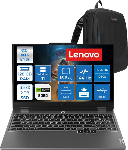 Loq 15IRX10 Intel Core I5-14500HX 128GB Ddr5 2tb SSD RTX5060/8GB 100W 15,6 Inç Full Hd (1920X1080) IPS 300 Nit %100 Srgb, 144 Hz WIN11PRO Gaming Bilgisayar 83JE012LTRP39+ZETTAÇANTA