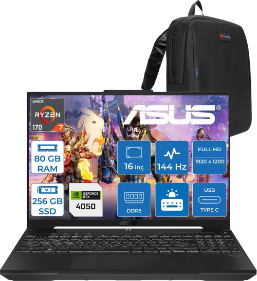 Tuf Gaming A16 (FA607NUQ-GAMING) Amd Ryzen™ 7 170 80GB Ddr5 256GB SSD RTX4050/6GB 140W 16″/fhd+ 16:10 (1920 x 1200, Wuxga) 300 Nits, 144Hz, Freedos Taşınabilir Bilgisayar RL028F26+ZETTAÇANTA