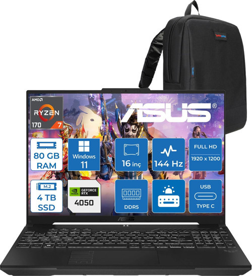 Tuf Gaming A16 (FA607NUQ-GAMING) Amd Ryzen™ 7 170 80GB Ddr5 4tb SSD RTX4050/6GB 140W 16″/fhd+ 16:10 (1920 x 1200, Wuxga) 300 Nits, 144Hz, WIN11HOME Taşınabilir Bilgisayar RL028H30+ZETTAÇANTA