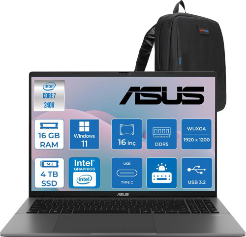 Vivobook S3607VA Intel® Core™ 7 240H 16GB Ddr5 4tb SSD Intel® Graphics 16.0 Inç, Wuxga (1920 x 1200) 144Hz 300 Nit WIN11HOME Taşınabilir Bilgisayar RP176WH05+ZETTAÇANTA