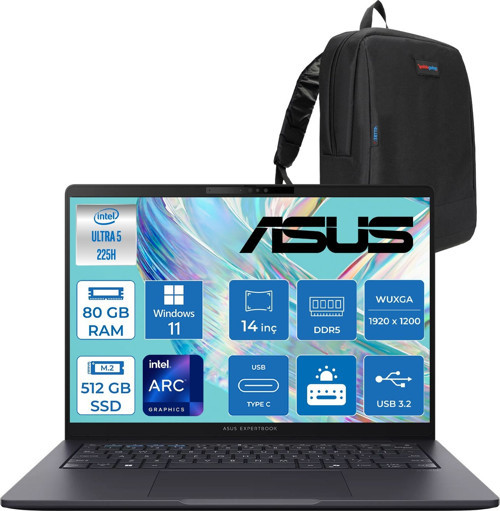 Expertbook B3 (B3405CCA) Intel® Core™ Ultra 5 225H 80GB Ddr5 512GB SSD Intel® Arc™ Grafik 14"WUXGA(1920 x 1200)400 NIT,SRGB:%100 WIN11PRO Taşınabilir Bilgisayar U5225H16512B0DP27+ZETTAÇANTA