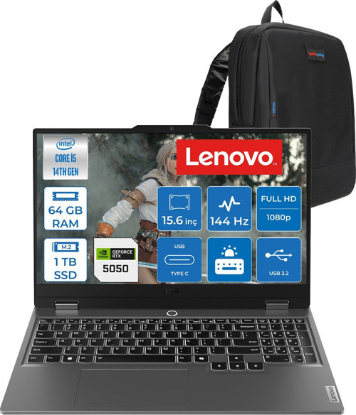 Loq 15IRX10 Intel Core I5-14500HX 64GB Ddr5 1tb SSD RTX5050/8GB 100W 15,6 Inç Full Hd (1920X1080) IPS 300 Nit %100 Srgb, 144 Hz Freedos Gaming Bilgisayar 83JE0128TRF23+ZETTAÇANTA