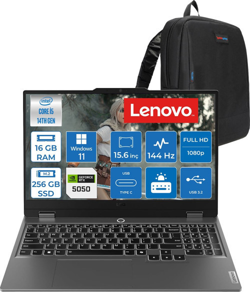 Loq 15IRX10 Intel Core I5-14500HX 16GB Ddr5 256GB SSD RTX5050/8GB 100W 15,6 Inç Full Hd (1920X1080) IPS 300 Nit %100 Srgb, 144 Hz WIN11HOME Gaming Bilgisayar 83JE0128TRH01+ZETTAÇANTA