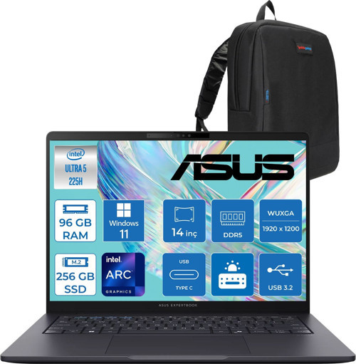 Expertbook B3 (B3405CCA) Intel® Core™ Ultra 5 225H 96GB Ddr5 256GB SSD Intel® Arc™ Grafik 14"WUXGA(1920 x 1200)400 NIT,SRGB:%100 WIN11HOME Taşınabilir Bilgisayar U5225H16512B0DH31+ZETTAÇANTA