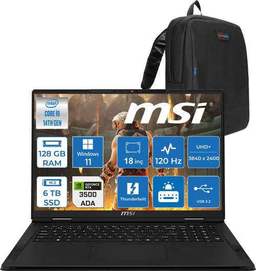 Msı Creatorpro X18 Hx A14VKSG-481TR Intel Core I9 14900HX 128GB Ddr5 6tb SSD Windows 11 Home Rtx 3500 Ada Gddr6 12GB 175W 18 Inç Uhd+ (3840×2400) 120Hz Mobil Iş Istasyonu 481TRH21 + Zetta Çanta