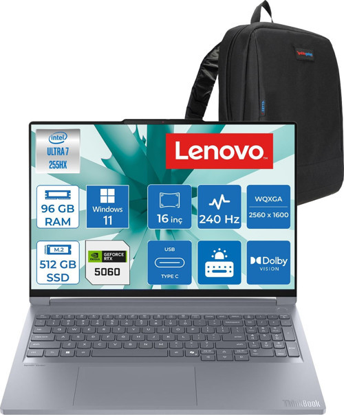 Thinkbook 16P Iax Intel Core Ultra 7 255HX 96GB Ddr5 Ram 512GB SSD RTX5060 8gb 115W Windows 11 Pro 16" Wqxga (2560X1600) IPS 500NITS 240Hz Laptop T21R0001LTXP43 + Zetta Çanta