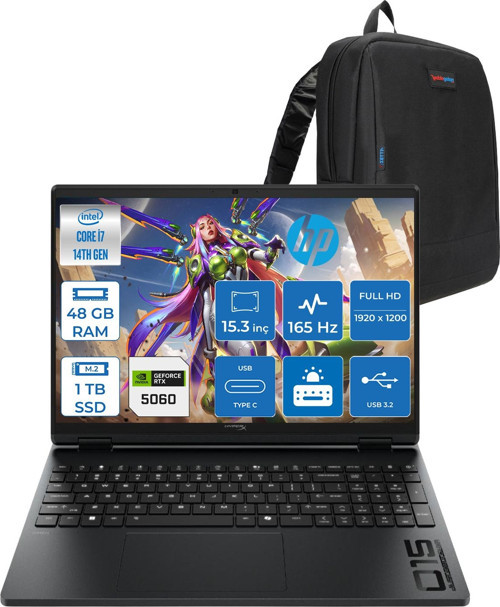 Hyperx Omen Laptop Intel Core I7 14650HX 48GB 1tb SSD 8GB/RTX5060/115W 15,3" Wuxga 165hz IPS 300NIT %62,5 Srgb Windows 11 Home Gaming Bilgisayar DHP2RC3EAH18 + Zettaçanta