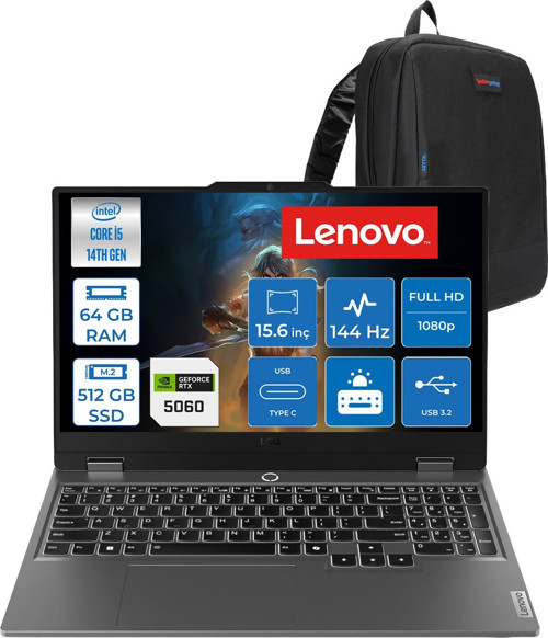 Loq 15IRX10 Intel Core I5-14500HX 64GB Ddr5 512GB SSD RTX5060/8GB 100W 15,6 Inç Full Hd (1920X1080) IPS 300 Nit %100 Srgb, 144 Hz Freedos Gaming Bilgisayar 83JE012LTRF22+ZETTAÇANTA