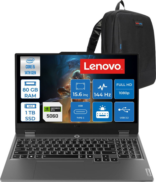 Loq 15IRX10 Intel Core I5-14500HX 80GB Ddr5 1tb SSD RTX5060/8GB 100W 15,6 Inç Full Hd (1920X1080) IPS 300 Nit %100 Srgb, 144 Hz Freedos Gaming Bilgisayar 83JE012LTRF28+ZETTAÇANTA