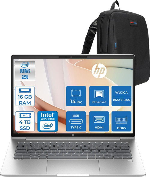 Probook 4 G1I Intel Ultra5 225U 16GB Ddr5 4tb SSD 16" Inch Intel® Grafik Gpu Wuxga (1920X1200) IPS 300NIT Freedos Taşınabilir Bilgisayar D21SQETF05+ZETTAÇANTA
