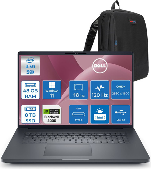Pro Max 18 Plus Intel Core Ultra 9 285HX 48GB Ddr5 8tb SSD Rtx Pro 3000 Blackwell 12GB Windows 11 Home 18" 120HZ Qhd+ 2560 x 1600 Wva 500NITS Mobil Iş Istasyonu MB18250273H10 + Zetta Çanta