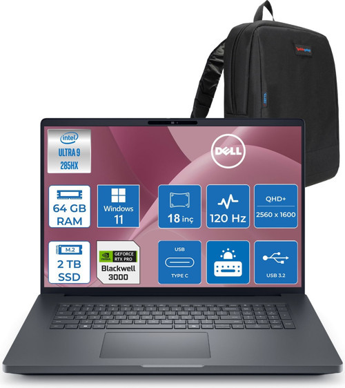 Pro Max 18 Plus Intel Core Ultra 9 285HX 64GB Ddr5 2tb SSD Rtx Pro 3000 Blackwell 12GB Windows 11 Pro 18" 120HZ Qhd+ 2560 x 1600 Wva 500NITS Mobil Iş Istasyonu MB18250273P12 + Zetta Çanta