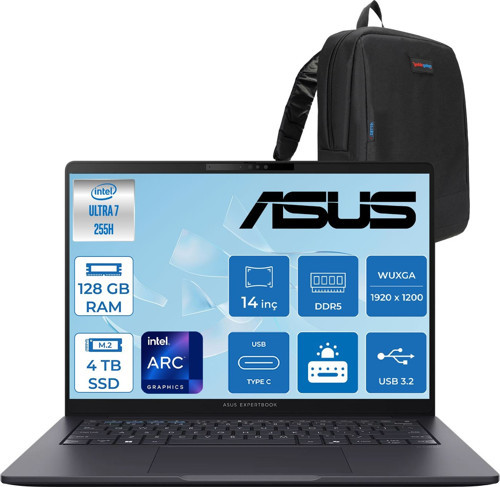 Expertbook B3 (B3405CCA) Intel® Core™ Ultra 7 255H 128GB Ddr5 4tb SSD Intel® Arc™ Grafik 14"wuxga (1920 x 1200)400 Nit,srgb: %100 Freedos Taşınabilir Bilgisayar U7255H321TB1DF40+ZETTAÇANTA