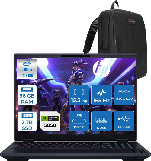 Hyperx Omen 15 Intel Core I5 14500HX 96GB Ddr5 2tb SSD Geforce RTX5050 8gb Freedos 15.3" Wuxga (1920X1200) IPS 300NITS 165Hz Oyuncu Bilgisayarı HOD2QD2EAF45 + Zetta Çanta