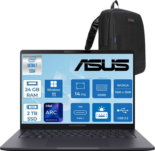 Expertbook B3 (B3405CCA) Intel® Core™ Ultra 7 255H 24GB Ddr5 2tb SSD Intel® Arc™ Grafik 14"wuxga (1920 x 1200)400 Nit,srgb: %100 WIN11PRO Taşınabilir Bilgisayar U7255H321TB1DP09+ZETTAÇANTA