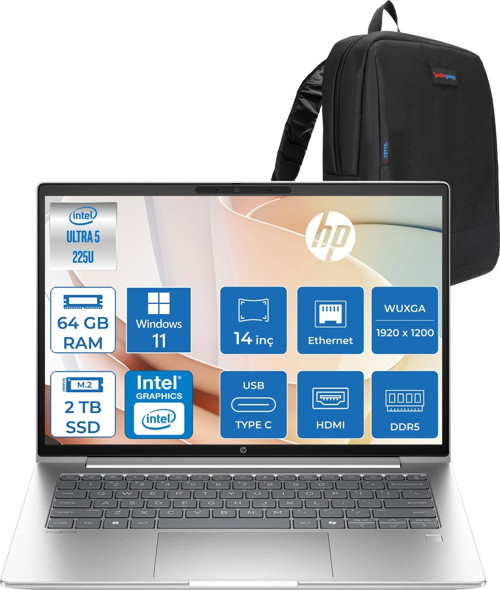 Probook 4 G1I Intel Ultra5 225U 64GB Ddr5 2tb SSD 16" Inch Intel® Grafik Gpu Wuxga (1920X1200) IPS 300NIT WIN11PRO Taşınabilir Bilgisayar D21SQETP24+ZETTAÇANTA