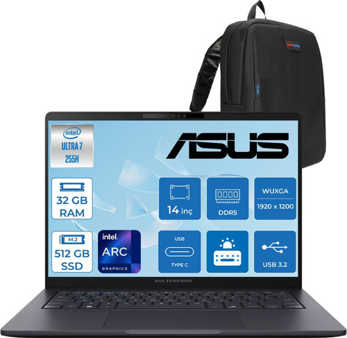 Expertbook B3 (B3405CCA) Intel® Core™ Ultra 7 255H 32GB Ddr5 512GB SSD Intel® Arc™ Grafik 14"wuxga (1920 x 1200)400 Nit,srgb: %100 Freedos Taşınabilir Bilgisayar U7255H321TB1DF12+ZETTAÇANTA