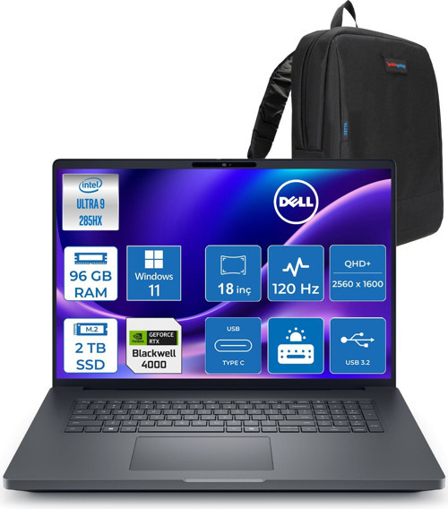 Pro Max 18 Plus Intel Core Ultra 9 285HX 96GB Ddr5 2tb SSD Rtx Pro 4000 Blackwell 16GB Windows 11 Home 18" 120HZ Qhd+ 2560 x 1600 Wva 500NITS Mobil Iş Istasyonu MB18250274H22 + Zetta Çanta