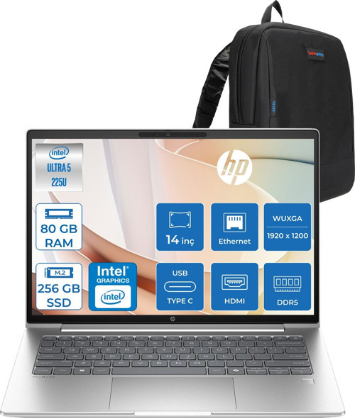 Probook 4 G1I Intel Ultra5 225U 80GB Ddr5 256GB SSD 16" Inch Intel® Grafik Gpu Wuxga (1920X1200) IPS 300NIT Freedos Taşınabilir Bilgisayar D21SQETF26+ZETTAÇANTA