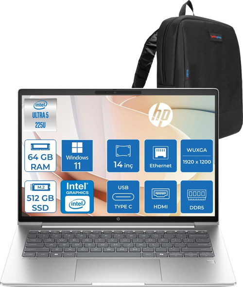 Probook 4 G1I Intel Ultra5 225U 64GB Ddr5 512GB SSD 16" Inch Intel® Grafik Gpu Wuxga (1920X1200) IPS 300NIT WIN11PRO Taşınabilir Bilgisayar D21SQETP22+ZETTAÇANTA