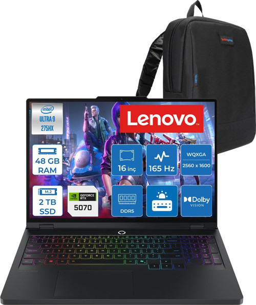 Legion Pro 5 16IAX10 Intel Ultra 9 275HX 48GB 2tb SSD 8GB/RTX5070/115W 16" Wqxga (2560X1600) OLED 1100NITS 165Hz Wi-Fi7+Bt 5.4 WIN11HOME Gaming Bilgisayar L83F3008BTRH19 + Zettaçanta