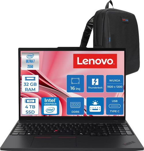 T16 Gen4 Intel Core Ultra 7 255U Ddr5 32GB 4tb SSD Intel Graphics 4G LTE 16" Wuxga (1920X1200) IPS 300NITS Windows 11 Pro Kurumsal Iş Bilgisayarı 21QFS2BH00P12 + Zettaçanta