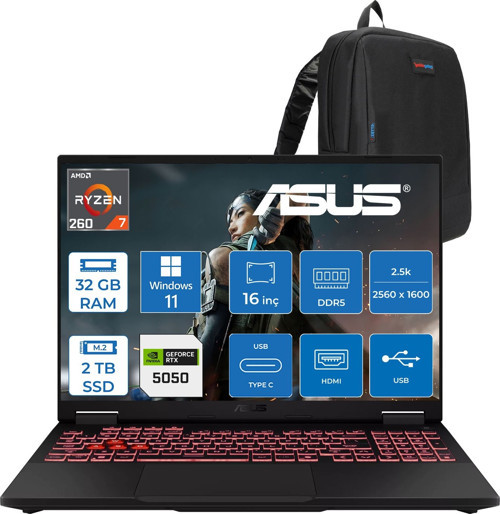 Tuf Gaming A16 FA608UH Ryzen 7 260 Aı 32GB Ddr5 2tb SSD 16-Inch 8GB/RTX5050 115W, 1920 x 1200, Wuxga SRGB:100% 165Hz 3ms IPS WINDOWS11HOME Gaming Laptop ZRV099WH13+ZETTAÇANTA