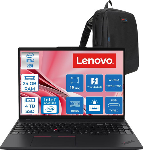 T16 Gen4 Intel Core Ultra 7 255U Ddr5 24GB 4tb SSD Intel Graphics 4G LTE 16" Wuxga (1920X1200) IPS 300NITS Windows 11 Pro Kurumsal Iş Bilgisayarı 21QFS2BH00P08 + Zettaçanta