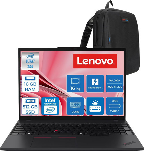 T16 Gen4 Intel Core Ultra 7 255U Ddr5 16GB 512GB SSD Intel Graphics 4G LTE 16" Wuxga (1920X1200) IPS 300NITS Windows 11 Home Kurumsal Iş Bilgisayarı 21QFS2BH00H01 + Zettaçanta